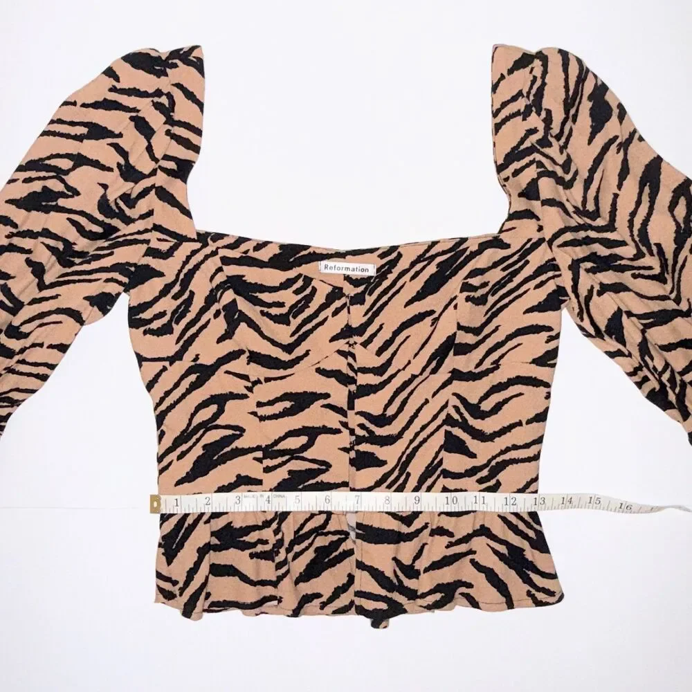 Reformation Dallas Rajah Tiger Animal Print Tan Black Corset Top Puff Sleeves 2